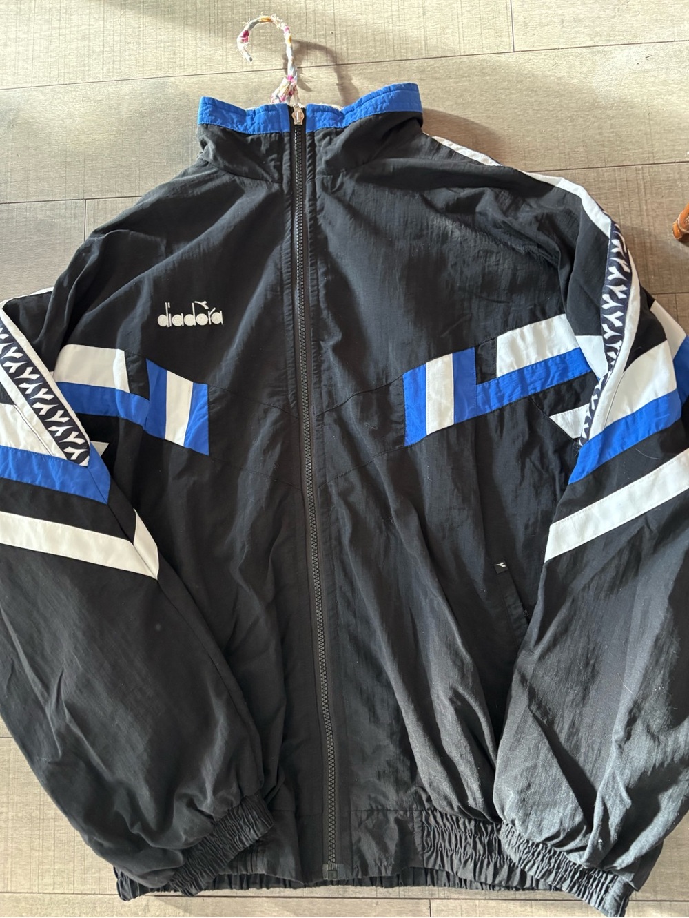 4 for $30- Vintage Diadora Men's Black and Royal Blue Colour-block Windbreaker